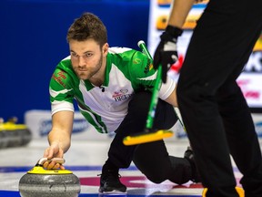 Kirk Muyres, delivering a rock at this year's Brier, will skip his own team in 2018-19.