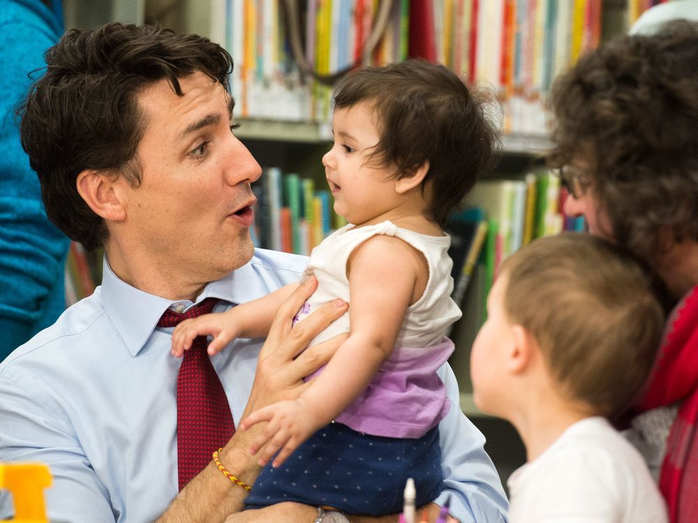 Prime Minister Justin Trudeau made a brief stop at the Regina Public Library's George Bothwell branch on Friday to highlight parental leave provisions announced in the federal budget.