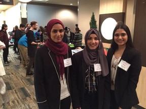 Members of the planning committee for the The Voice of Youth Leadership Summit (left to right) Laraib Fatima, Maria Khan and Urooba Hashim at TCU Place in Saskatoon on March 27, 2018. (Erin Petrow/ Saskatoon StarPhoenix)