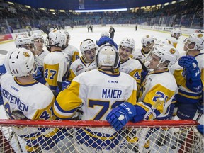 The Saskatoon Blades celebrate a win over the Red Deer Rebels on Jan. 5, 2017.