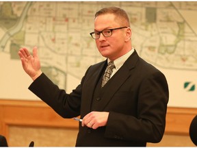 Councillor Darren Hill speaks at city council regarding the fire pit regulations in Saskatoon on February 26, 2018.