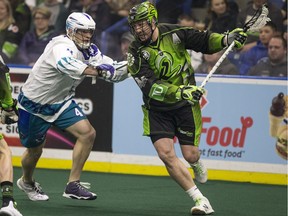 Saskatchewan's Mark Matthews (right) is chasing the NLL's single-season assists record, as well as the league scoring title.