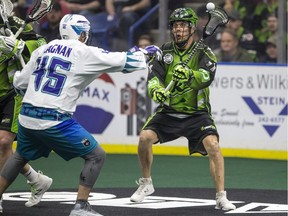 Saskatchewan's Jeff Shattler passes the ball during a recent NLL loss to Rochester.