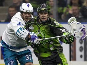Ryan Keenan (right) is playing his second season with the Saskatchewan Rush after his first overall selection in the 2016 NLL draft.