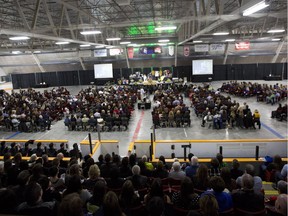 Family and friends pack the Nicholas Sheran Ice Centre in Lethbridge, Ab., on Saturday April 14, 2018 for the funeral of Humboldt Broncos Logan Boulet. Leah Hennel/Postmedia