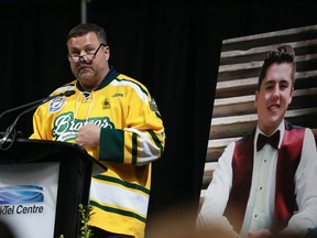 SASKATOON, SK - Scott Thomas gives the eulogy at his son Evan Thomas's memorial service at SaskTel Centre in Saskatoon, Sask., on April 16, 2018.