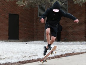 SASKATOON, SK - Cameron Johnstone is excited to be able to skateboard again, now that the weather is warming up and snow has melted off the sidewalks in Saskatoon, Sask., on April 16, 2018.