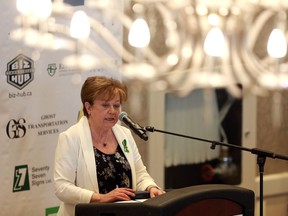 Finance Minister Donna Harpauer speaks to an NSBA lunch in Saskatoon on Thurs. April 19, 2018.