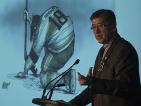 Bill Chow, President of the Saskatchewan Junior Hockey League, speaks during a media event regarding funding for the newly created SJHL Assistance Program, in light of the Humboldt Broncos tragedy, at the Delta Bessborough Hotel in Saskatoon, SK on Thursday, April 26, 2018.