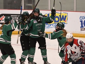 Abby DeCorby of the Saskatoon Stars celebrates her power-play goal against Quebec's Pionnieres de Lanaudiere in their semifinal matchup at the Esso Cup Friday. The Stars won 5-1, and advance to Saturday's final at the Canadian women's midget hockey championship in Bridgewater, N.S.