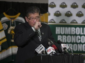 Bill Chow, President the SJHL speaks at a press conference on the motor vehicle accident Friday evening that left at least 15 dead on a Saskatchewan highway, the update was held at Elgar Petersen Arena of in Humboldt, SK on Saturday, April 7, 2018.