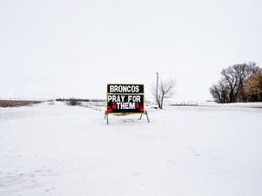 A sign on Highway 5 shows support for the Humboldt Broncos.