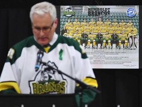 Mayor of Humboldt, Rob Muench, speaks on stage during a vigil at the Elgar Petersen Arena, home of the Humboldt Broncos, to honour the victims of a fatal bus accident, April 8, 2018 in Humboldt, Canada. Mourners in the tiny Canadian town of Humboldt, still struggling to make sense of a devastating tragedy, prepared Sunday for a prayer vigil to honor the victims of the truck-bus crash that killed 15 of their own and shook North American ice hockey.