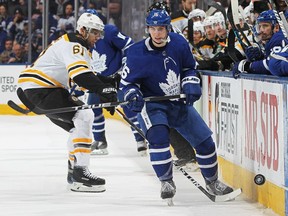 Toronto Maple Leafs forward Mitch Marner pursues the puck against the Boston Bruins on April 19.