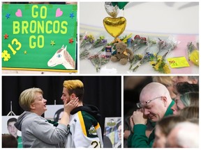 Mourners gathered on April 8, 2018 at a vigil at the Elgar Petersen Arena, home of the Humboldt Broncos, to honour the victims of an April 6, 2018 fatal bus crash. (Photos, from top left, by Jonathan Hayward, Canadian Press / Getty Images; Michelle Berg, Saskatoon StarPhoenix; Berg; Hayward)