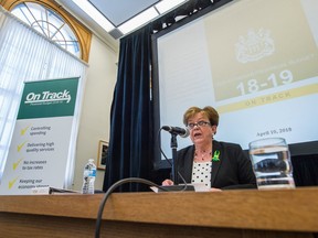 Finance minister Donna Harpauer delivers details of Saskatchewan's 2018-2019 provincial budget and answers questions from reporters at the legislative building in Regina.