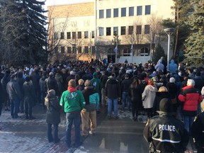 More than 400 people gathered at Saskatoon City Hall on Sunday, April 8, 2018 to honour the victims of the Humboldt Broncos bus crash. (Saskatoon StarPhoenix Photo by John Grainger)