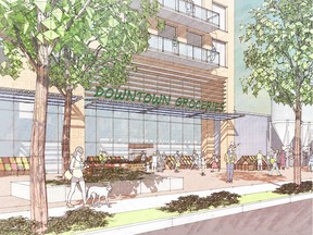 This conceptual image from Arbutus Properties shows a potential redevelopment of the city yards that includes a grocery store. Arbutus has approached the City of Saskatoon seeking to purchase the city yards, which comprise about 22 acres in the Central Industrial area. (Arbutus Properties)