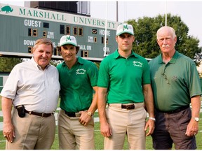 Red Dawson, right, was portrayed by Matthew Fox, second from right, in the 2006 movie, "We Are Marshall." Also shown are Jack Lengyel, left, who was portrayed by Matthew McConaughey, second from left.