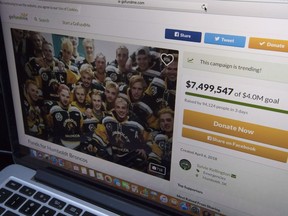 A GoFundMe page for the Humboldt Broncos is seen on a computer near Tisdale, Sask., Tuesday, April, 10, 2018. The money being raised is for members the Humboldt Broncos hockey team who's bus crashed into a truck en route to Nipawin for a game Friday night killing 15 and sending over a dozen more to the hospital.
