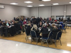 The local arena in Humboldt filled with people Friday night in the wake of the tragic crash of a bus carrying the Humboldt Broncos team. (Kevin Mitchell/Saskatoon StarPhoenix)