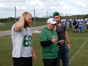 Second-year guard Dariusz Bladek, right, spent time with offensive line coach Stephen Sorrells, middle, and prospect Dalton Houghton, 69, during a portion of Wednesday's session at the Saskatchewan Roughriders' mini-camp in Bradenton, Fla.