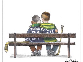 A Halifax-based cartoonist says he was simply trying to bring a bit of positivity to a horrible situation when he illustrated an image that has since garnered national attention for it's depiction of the recent tragedies in Toronto and Humboldt, Sask.The cartoon published in the aftermath of Monday's van attack in Toronto that killed 10 people and injured 14, shows a view from behind of two young boys in hockey sweaters sitting on a bench with their sticks by their sides.