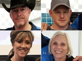 Clockwise from top left: Tim McGinty, a rancher and real estate agent from Hillsboro, Texas; Andrew Needum, a firefighter/paramedic from Celina, Texas; Peggy Phillips, a retired registered nurse from Dallas; and Tammie Jo Shults, the pilot at the controls of Southwest Flight 1380.