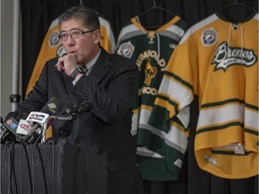 Bill Chow, president of the SJHL, speaks during a press conference at the Elgar Petersen Arena in Humboldt on Saturday, April 7, 2018.