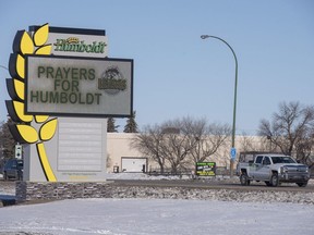 The welcome sign is shown in Humboldt, Sask., Saturday, April 7, 2018. RCMP say 14 people are dead and 14 people were injured Friday after a truck collided with a bus carrying a junior hockey team to a playoff game in northeastern Saskatchewan. Police say there were 28 people including the driver on board the Humboldt Broncos bus when the crash occurred at around 5 p.m. on Highway 35 north of Tisdale.