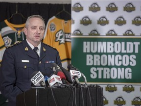 Curtis Zablocki, RCMP Assistant Commissioner, speaks during a press conference at the Elgar Petersen Arena in Humboldt, Sask., on Saturday, April 7, 2018. RCMP say 14 people are dead and 14 people were injured Friday after a truck collided with a bus carrying a junior hockey team to a playoff game in northeastern Saskatchewan. Police say there were 28 people including the driver on board the Humboldt Broncos bus when the crash occurred at around 5 p.m. on Highway 35 north of Tisdale.