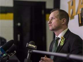 Estevan Bruins head coach and general manager Chris Lewgood speaks to reporters after Saturday's SJHL championship series game against the Nipawin Hawks.