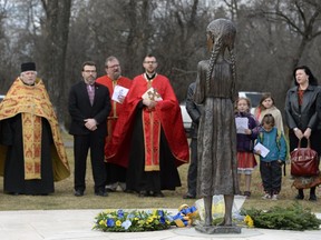 Priests from three Ukrainian Catholic churches lead the annual Holodomor (or Ukrainian famine-genocide) commemoration ceremony at the Saskatchewan Legislature in 2016.