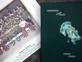 A 1972 Humbolt Broncos team photo and a scrapbook given to Terry Henning, head coach of the Humboldt Broncos from 1972-76.