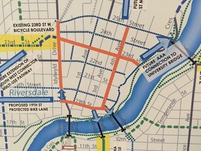 This map shows a proposed expansion of the protected bike lanes downtown that was displayed at an open house focusing on the City of Saskatoon's growth plan at the Western Development Museum in March. (PHIL TANK/The StarPhoenix)