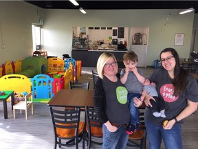 Deborah Kies (left) and Jennifer Peters, with Peters' children Jackson and Grayson, at the Learn and Play Cafe in Saskatoon on April 6, 2018. (Erin Petrow/ Saskatoon StarPhoenix)