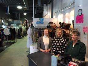 Volunteers Juliane Schultz (left) and Joan Patterson (right) with co-manager Margaret Sorowski (centre) at the YWCA Opportunity Shop in Saskatoon on April 6, 2018. (Erin Petrow/ Saskatoon StarPhoenix)