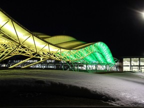 The Shell Place canopy on MacDonald Island in Fort McMurray is lit up in the Humboldt Broncos team colours to show solidarity with the team and the community after Friday night's tragic crash. Laura Beamish/Fort McMurray Today/Postmedia Network