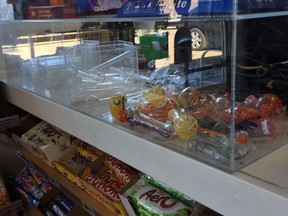 A variety of pipes for sale on the counter of the 1 Stop Convenience Store in the Mount Royal neighbourhood in Saskatoon. (Erin Petrow/ Saskatoon StarPhoenix)