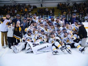 The Nipawin Hawks celebrate at Centennial Arena after winning the SJHL championship on Tuesday.