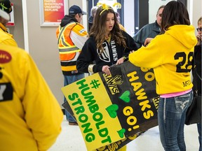 A Nipawin Hawks fan shows her support for the Humboldt Broncos on Saturday, when Game 1 of the SJHL's championship series was played at Centennial Arena.