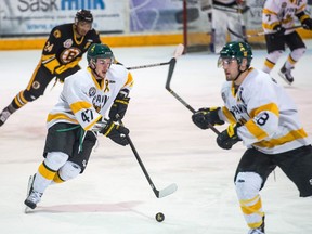 Daven Smith, left, and the Nipawin Hawks are one win away from an SJHL title.