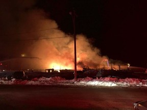 Damages were estimated to be in the millions of dollars after a late-night fire on April 15, 2018 destroyed multiple aircraft at the Prince Albert airport's Transwest Air hangar. (Photo courtesy Prince Albert Fire Department)