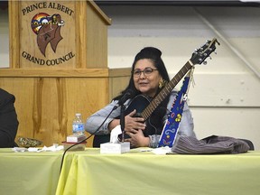 Violet Naytowhow speaks about music as medicine at the two-day workshop for youth impacted by missing and murdered Indigenous women and girls at the Allan Bird Memorial Centre Gym.