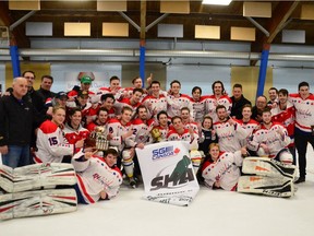 The Extreme Hockey Regina Capitals celebrate their 2018 Prairie Junior Hockey League title on Thursday at the Al Ritchie Memorial Centre.