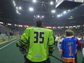 Rush players had "Humboldt" on the back of their jerseys for their game against the Swarm, who had "Broncos" on the back of their jerseys, in NLL game action at SaskTel Centre in Saskatoon, SK on Saturday, April 14, 2018. The game jerseys are being auctioned off and money donated to the Humboldt victims.