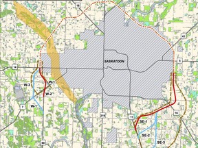 This Saskatchewan Ministry of Highways and Infrastructure map from August of 2017 shows the proposed alignment for the Saskatoon Freeway that is being planned to route truck traffic around the city. The dotted red line shows the approved part of the route and the solid red line shows the rest of the route that is backed by the ministry. (Ministry of Highways and Infrastructure)