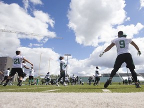 Saskatchewan Roughriders stretch during practice for the 2017 Training Camp held at Griffiths Stadium in Saskatoon, SK on Sunday, May 28, 2017.