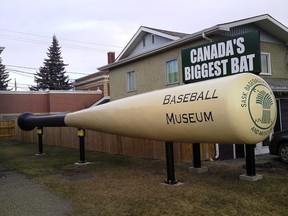"Canada's Biggest Bat" is seen outside of the Saskatchewan Baseball Hall of Fame and Museum in Battleford.