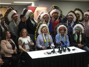 Federation of Sovereign Indigenous Nations Chief Bobby Cameron, centre, announced his intention to seek a second term as head of the organization representing 74 First Nations in Saskatchewan on Friday, April 13, 2018. Saskatoon StarPhoenix photo by Alex MacPherson